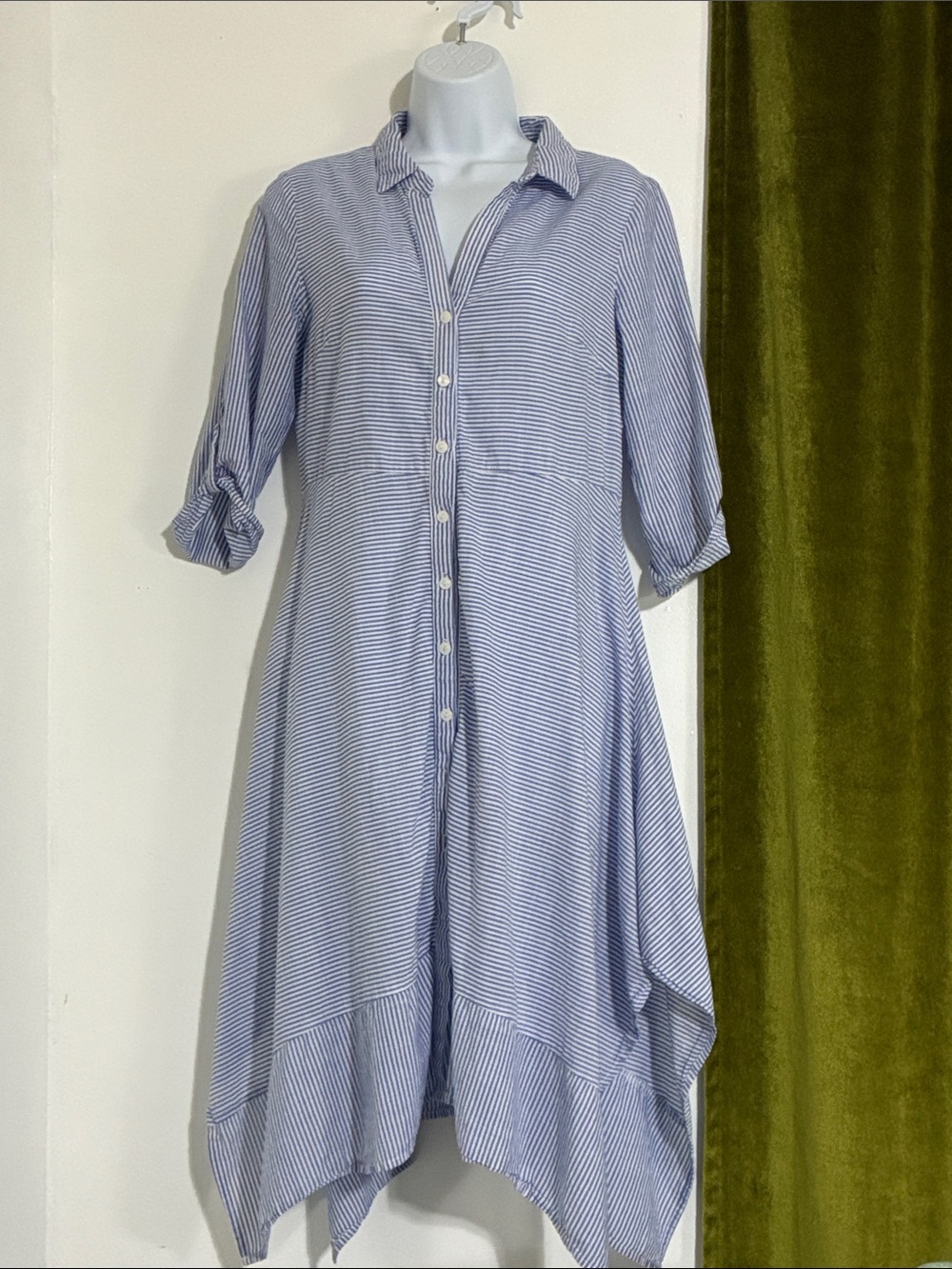 Striped Blue Shirt Dress with Handkerchief Hem